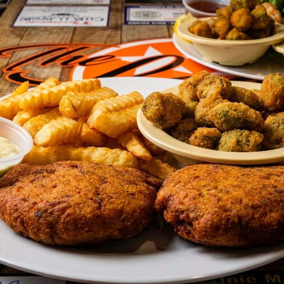 Fried seafood patties, crinkle-cut fries, and fried okra with tartar sauce on a wooden table.