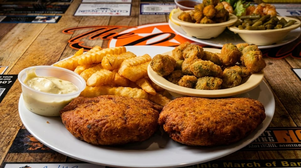 Fried fish fillets, crinkle-cut fries, fried okra, and tartar sauce on a wooden table.