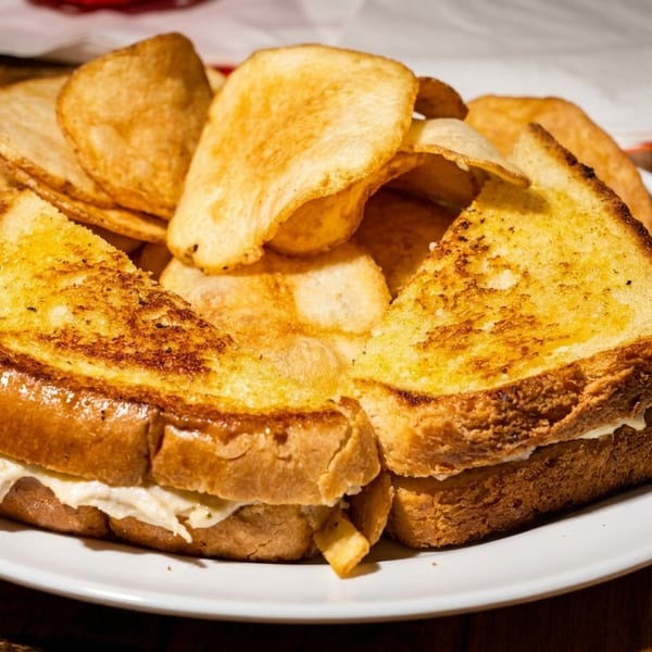 Grilled cheese sandwich halves with creamy filling and a side of golden potato chips on a white plate.