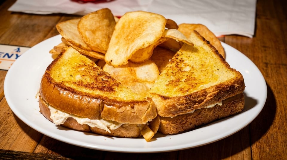 Grilled cheese sandwich halves with creamy filling and a side of golden potato chips on a white plate.