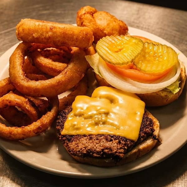 A cheeseburger with lettuce, tomato, onion, and pickles, served with a side of onion rings.