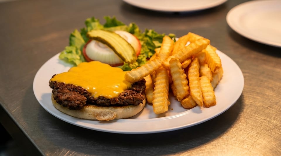 Cheeseburger with melted cheese, crinkle-cut fries, lettuce, onion, and pickles on a white plate.