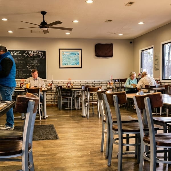 Casual restaurant interior with several patrons seated at tables, a chalkboard menu, and wooden floors.