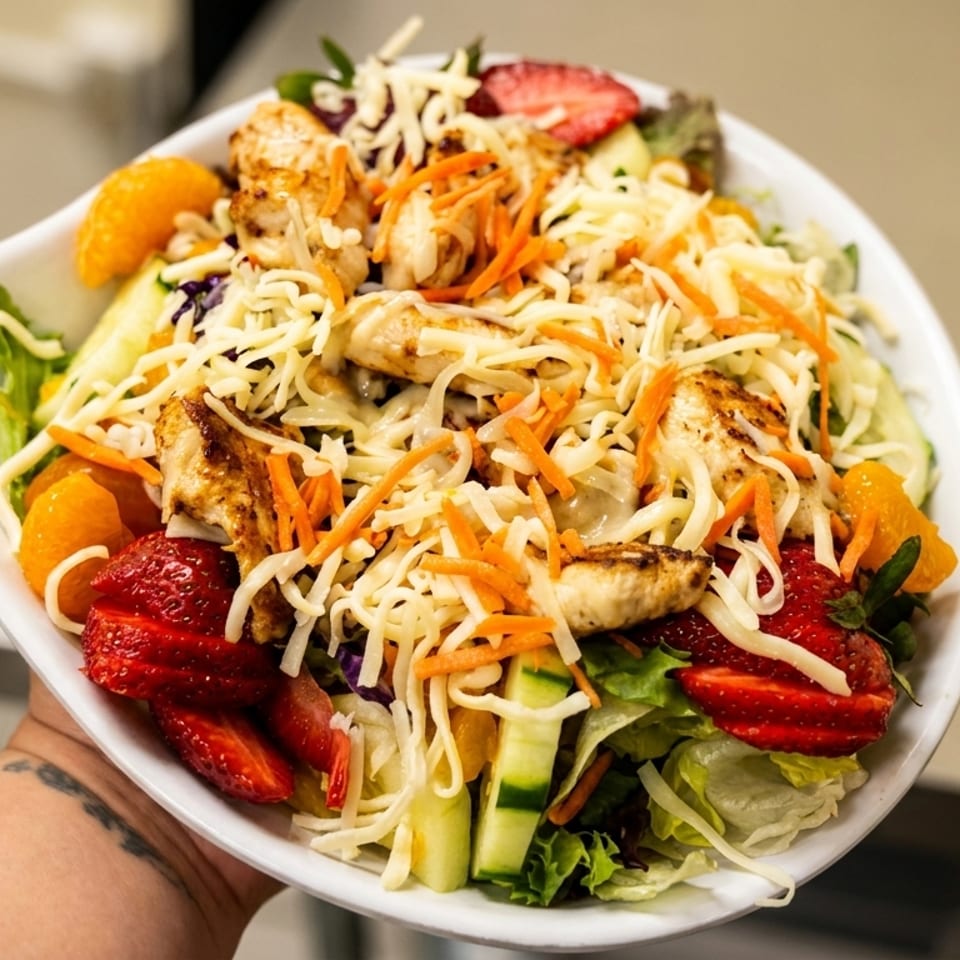 A vibrant salad with grilled chicken, strawberries, mandarin oranges, shredded cheese, and carrots.