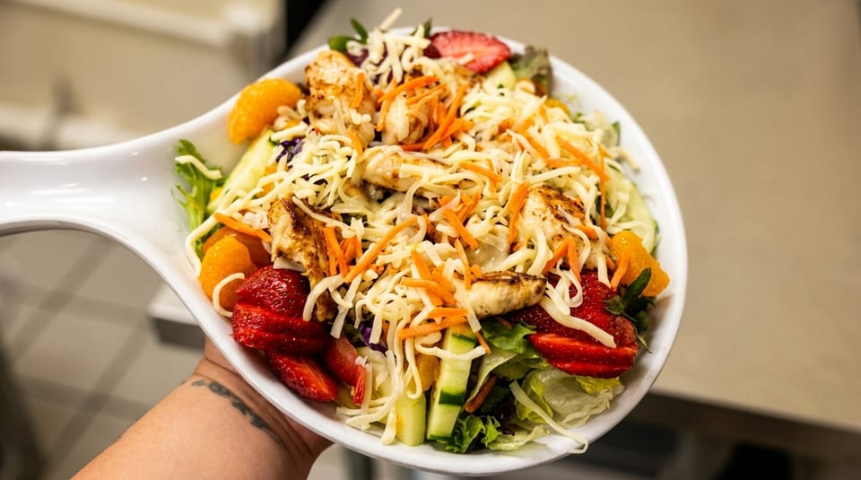 A vibrant salad with grilled chicken, strawberries, mandarin oranges, shredded cheese, and carrots.